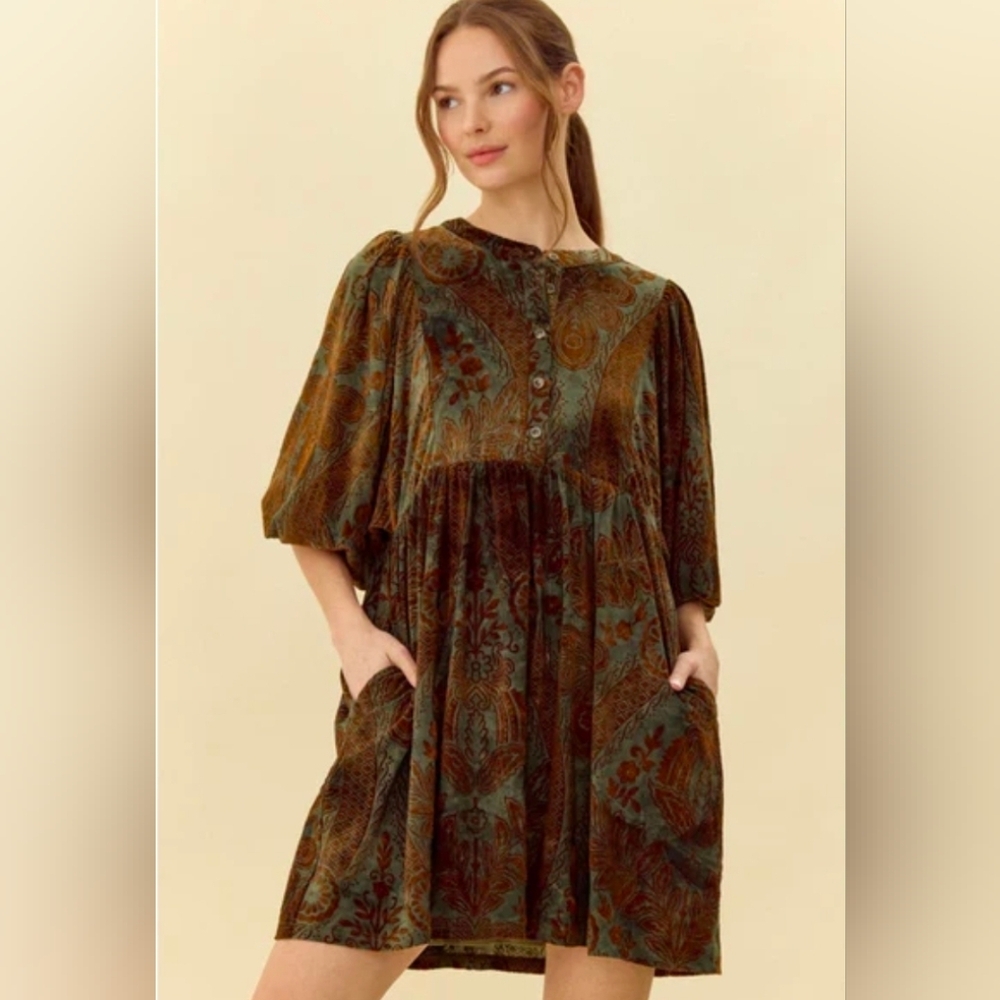 JODIFL Olive and Rust Velvet Paisley Button-Front Midi Dress
